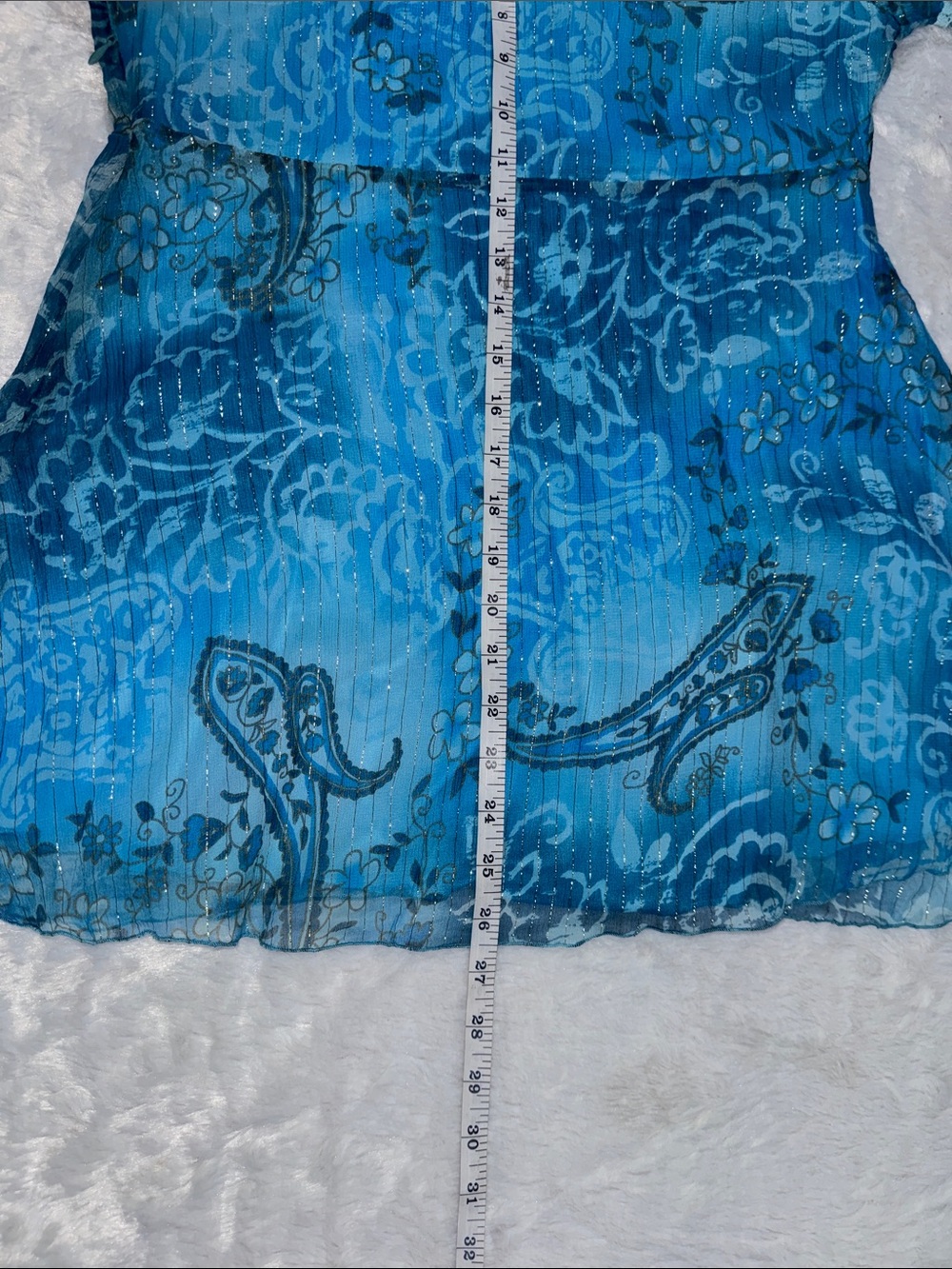 Aris.A NWT 100% Silk Bottom Blue & Turquoise Paisley V-Neck Sheer Blouse - Picture 7 of 10